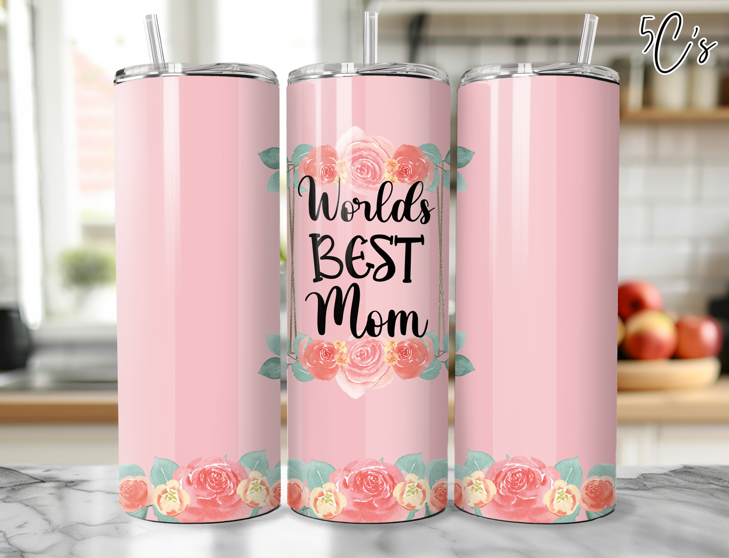 Worlds Best Mom Pink Striped Floral Tumbler