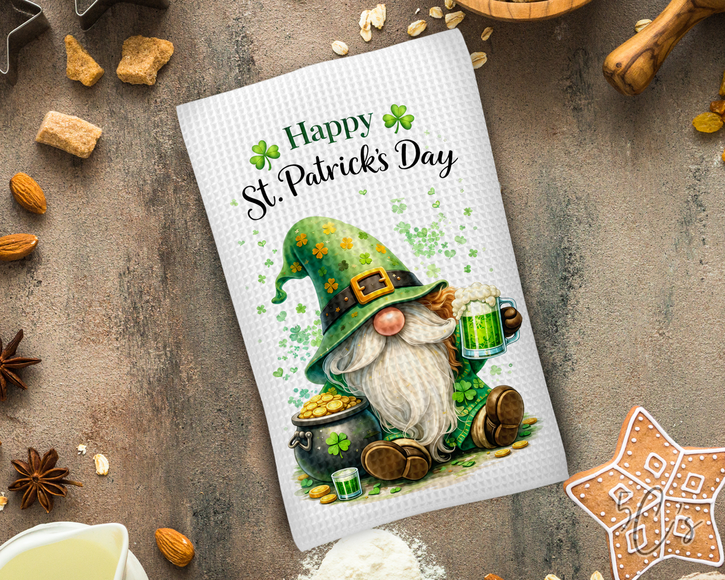 Happy St Patrick's Day Gnome Dish Towel
