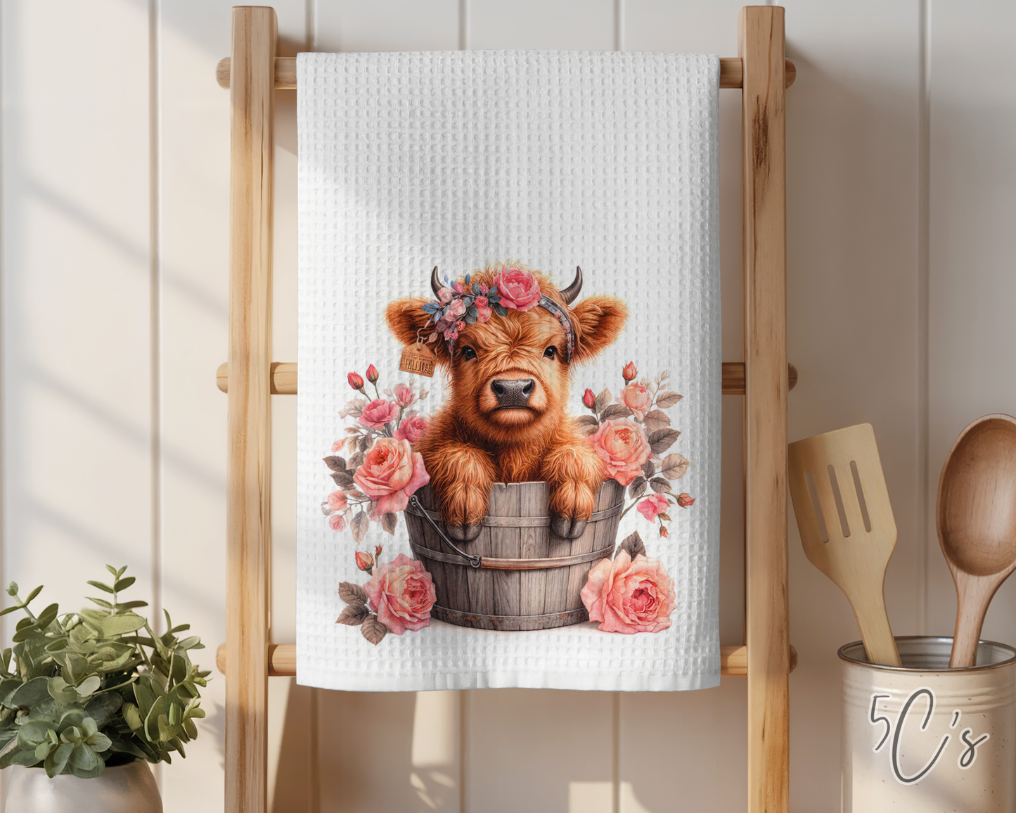 Highland Cow Rose Bucket Dish Towel