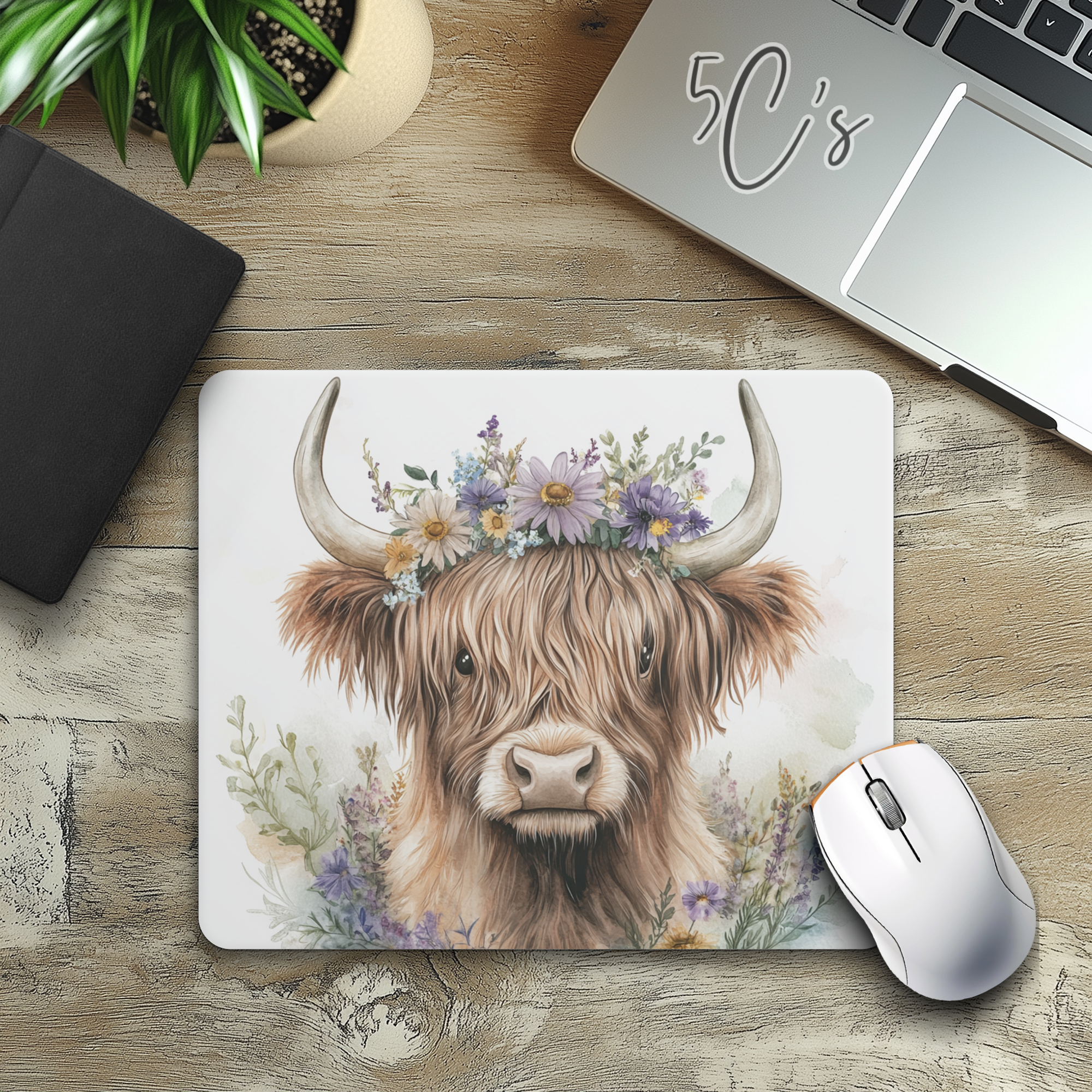 Highland Cow Floral Mouse Pad