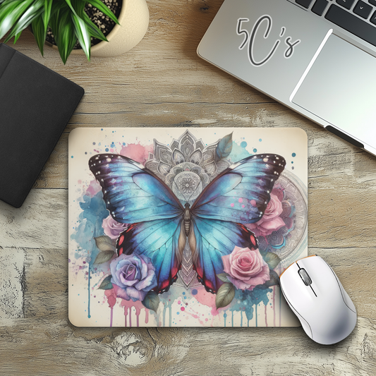 Glitter Blue Butterfly Mouse Pad