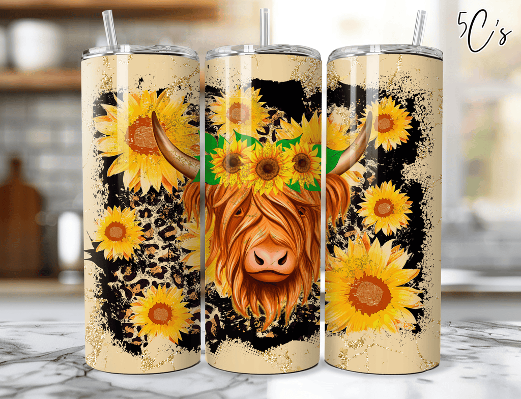 Highland Cow Leopard Sunflowers Tumbler