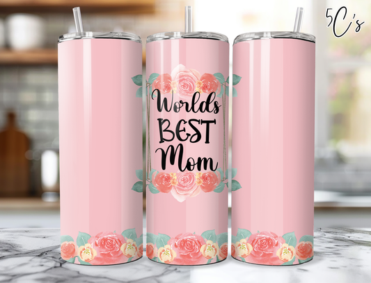 Worlds Best Mom Pink Striped Floral Tumbler