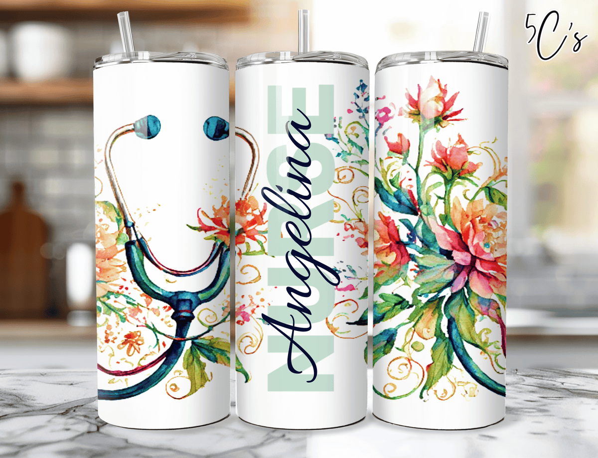Floral Stethoscope Nurse Custom Name Tumbler