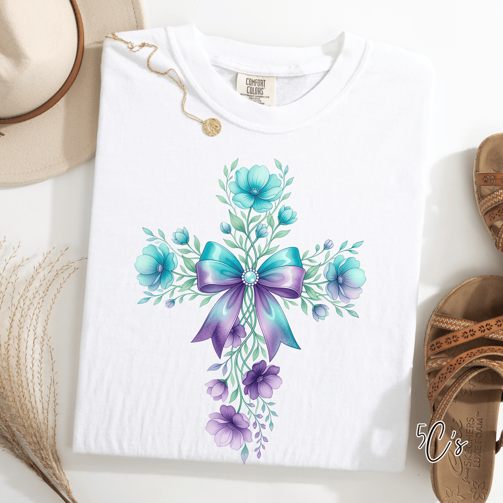Blue Floral Easter Cross Graphic Tee
