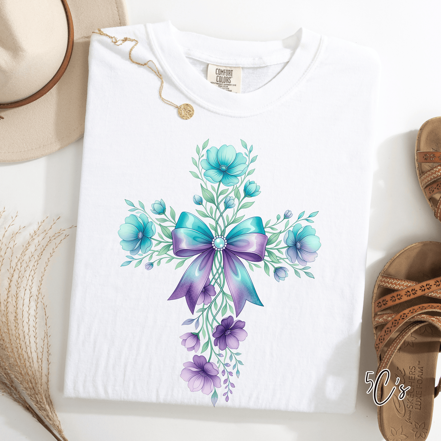 Blue Floral Easter Cross Graphic Tee