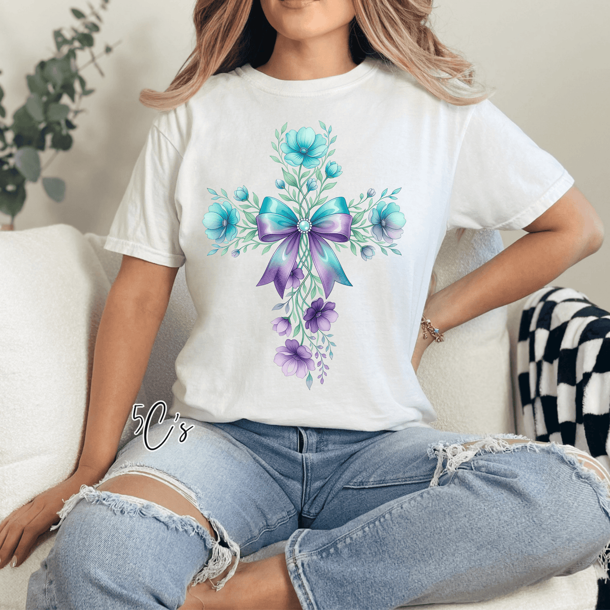 Blue Floral Easter Cross Graphic Tee