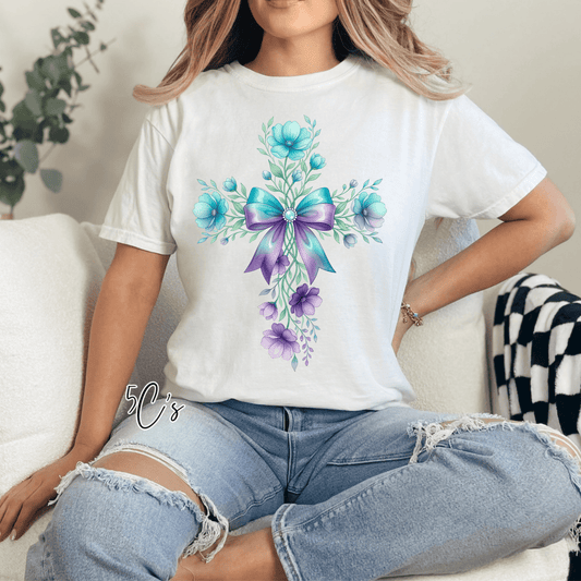 Blue Floral Easter Cross Graphic Tee