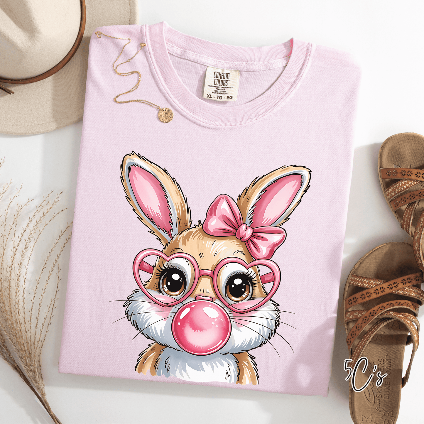 Coquette Easter Bunny Blowing Bubble Graphic Tee