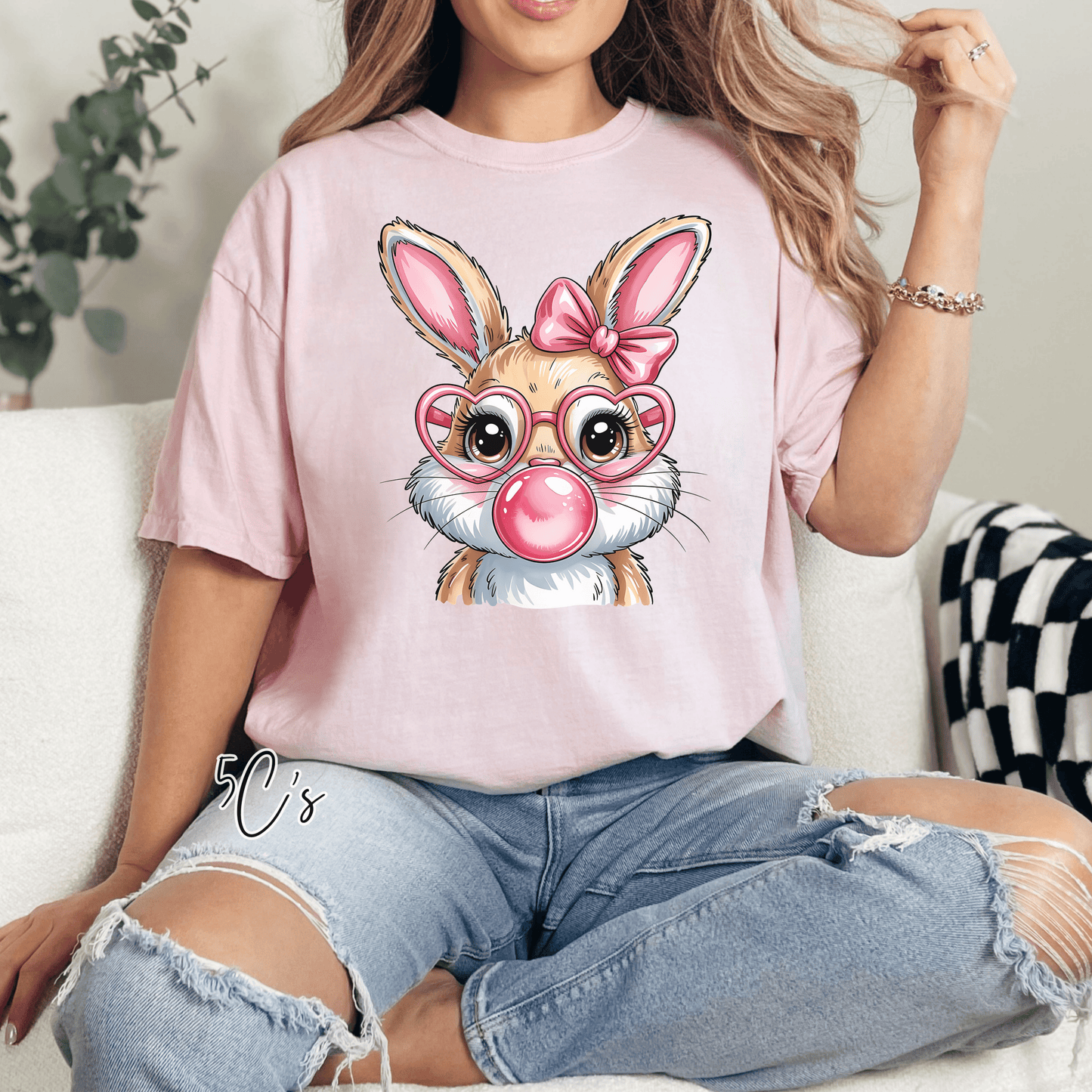 Coquette Easter Bunny Blowing Bubble Graphic Tee