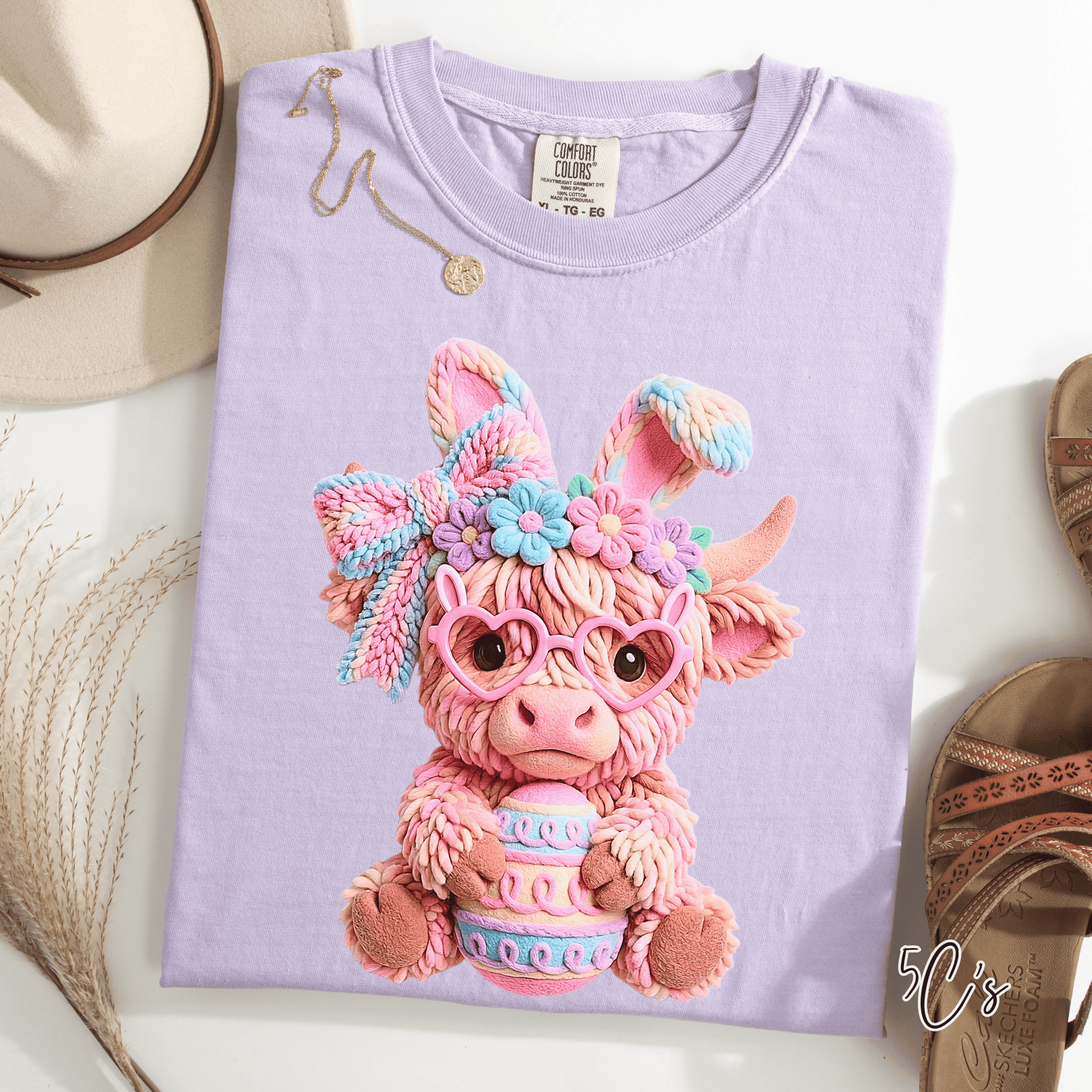 Faux Latch Hook Easter Highland Cow Graphic Tee