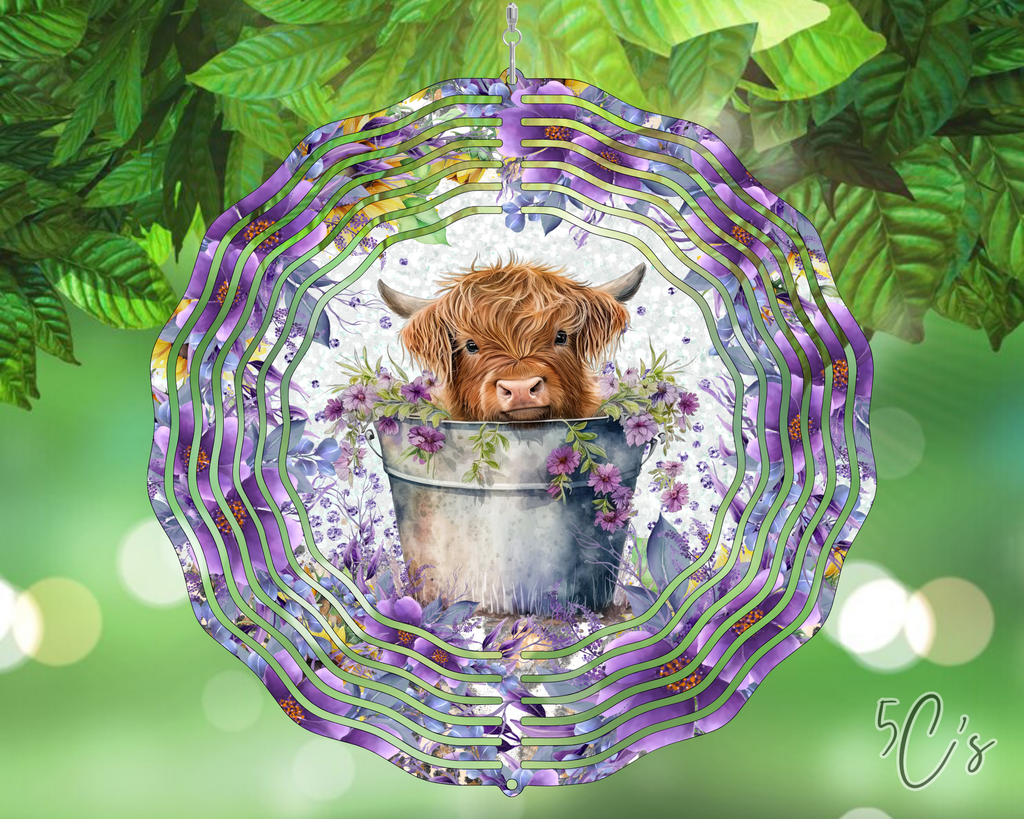 Purple Floral Highland Cow Wind Spinner
