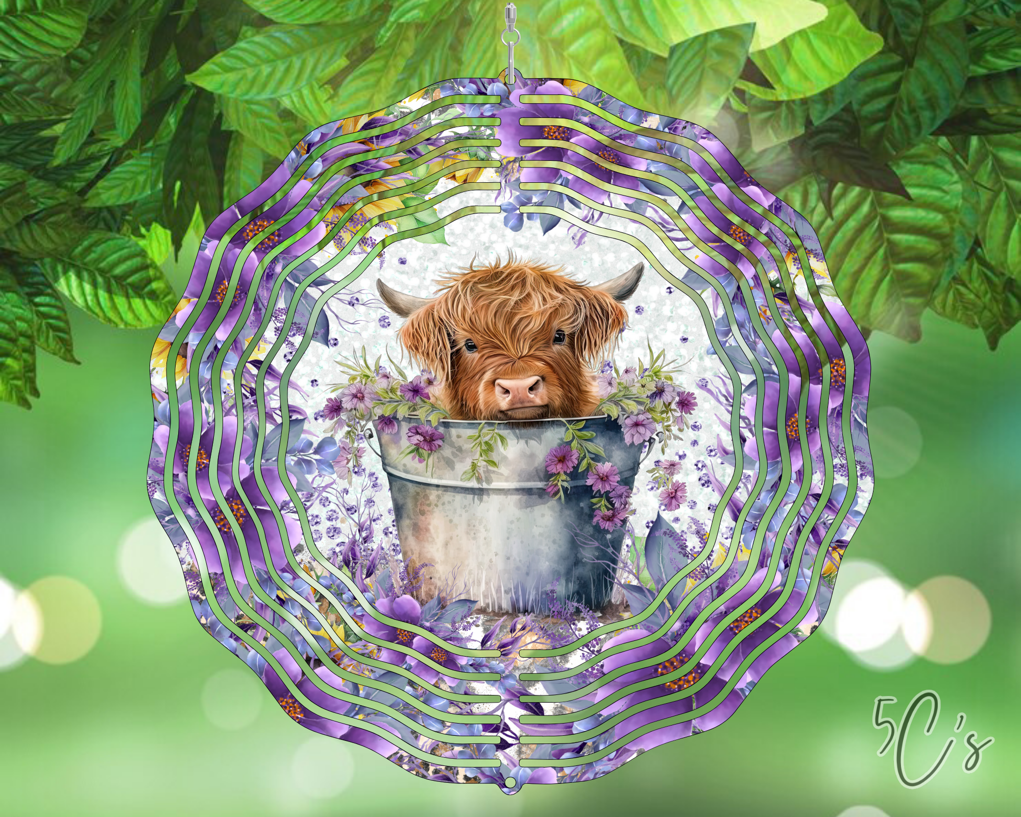 Purple Floral Highland Cow Wind Spinner