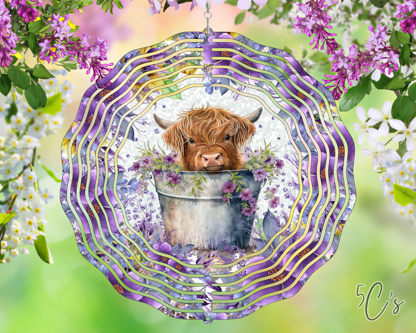 Purple Floral Highland Cow Wind Spinner