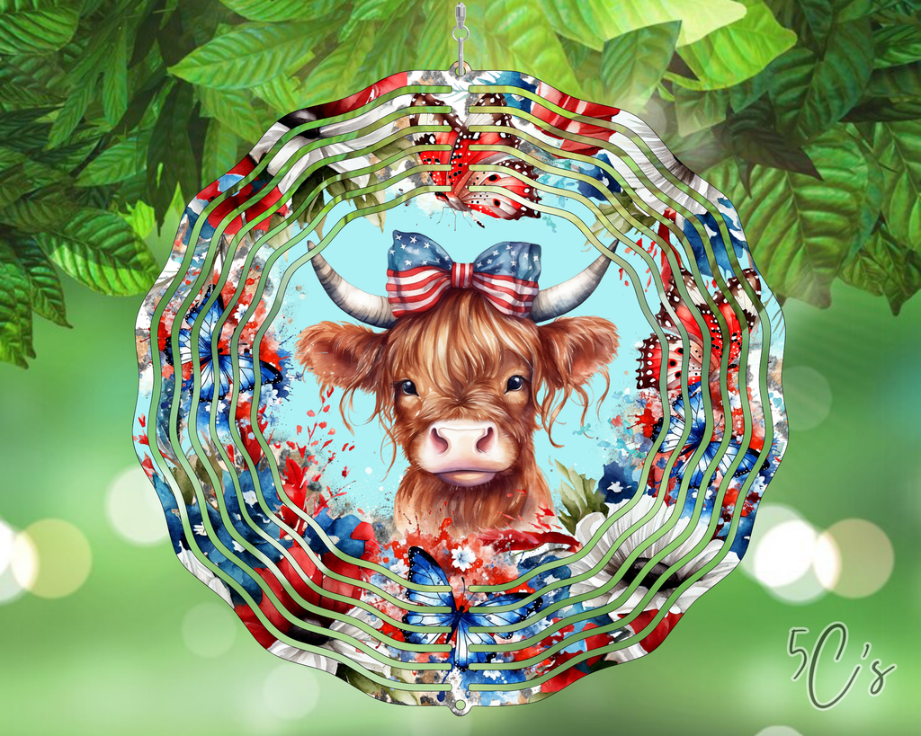 Patriotic Highland Cow Wind Spinner