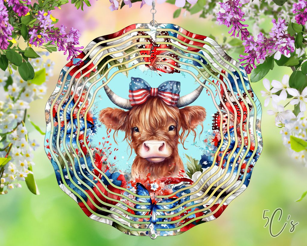 Patriotic Highland Cow Wind Spinner