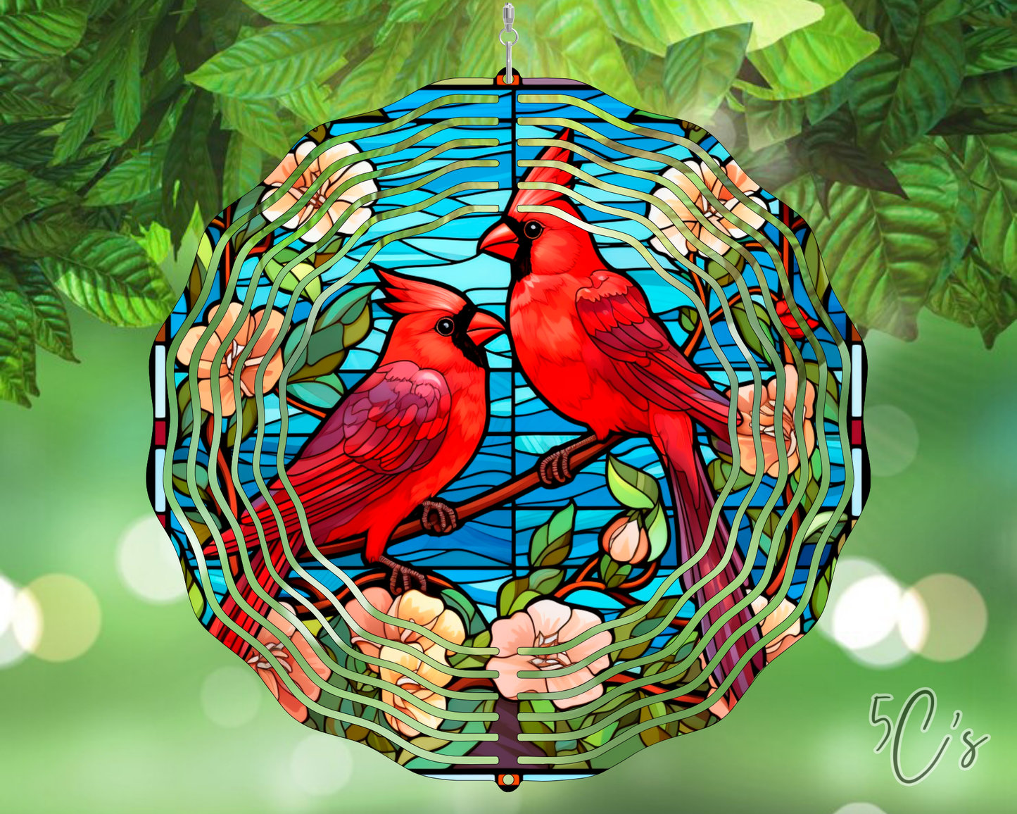 Stained Glass Cardinal Birds Wind Spinner