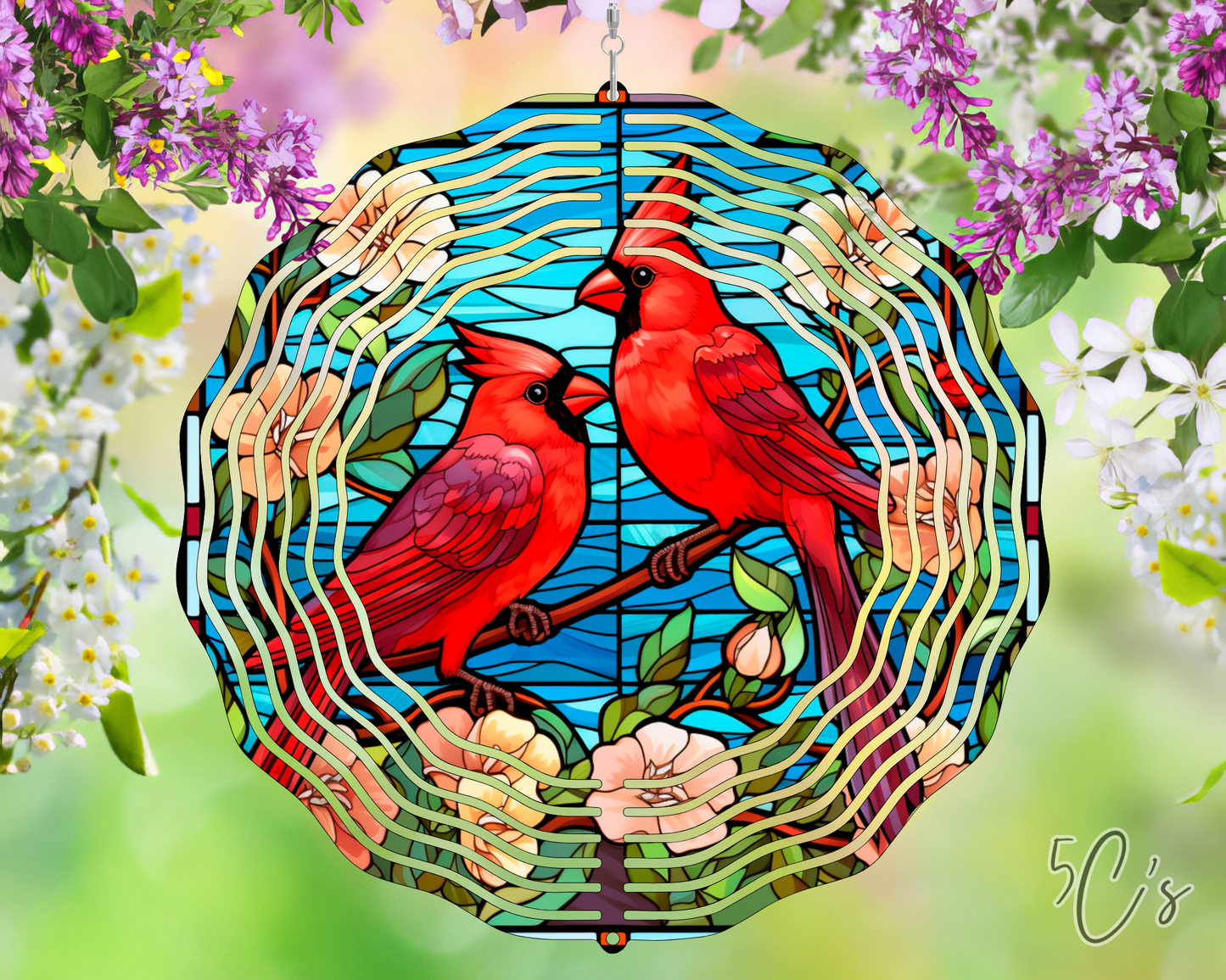 Stained Glass Cardinal Birds Wind Spinner