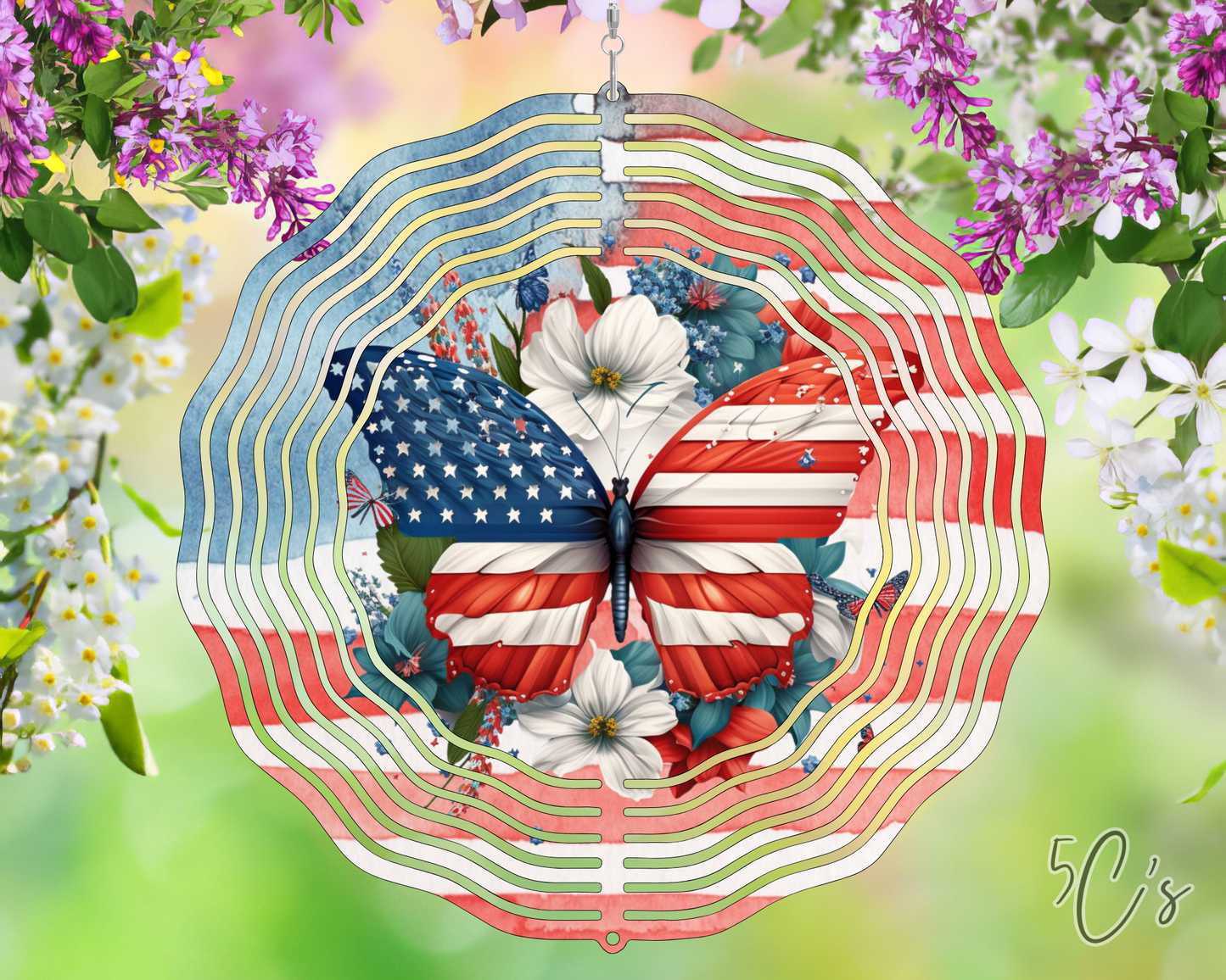 Patriotic Butterfly & Flowers Wind Spinner