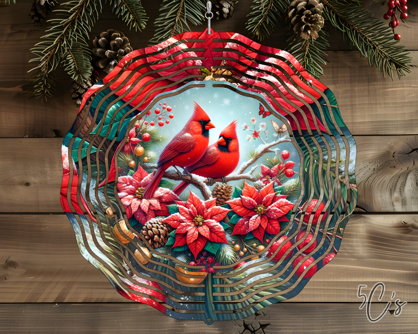 Cardinal Winter Floral Wind Spinner