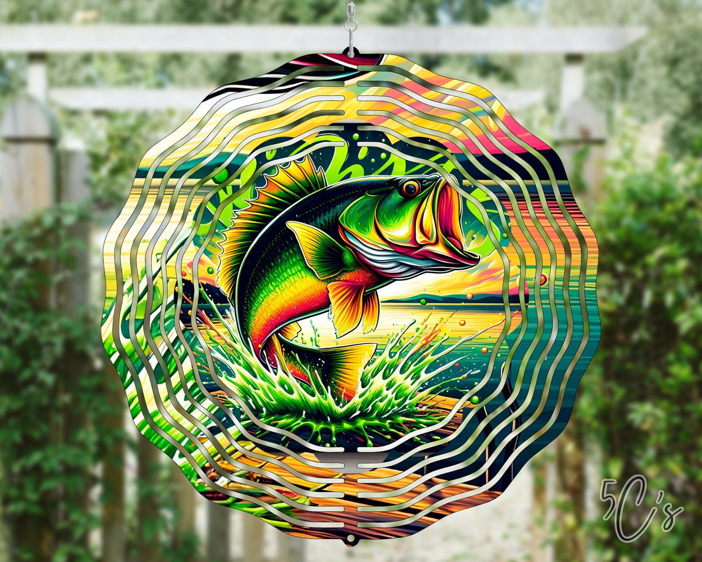 Bass Fishing Scenic Pond Wind Spinner