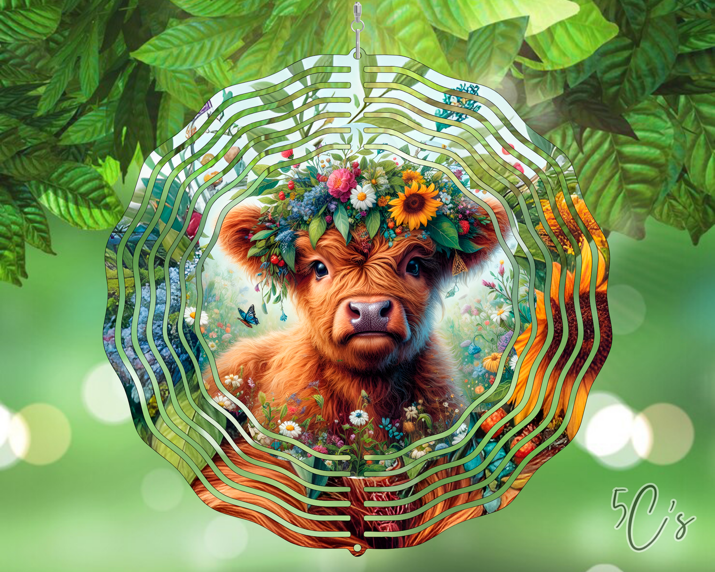 Floral Highland Cow Wind Spinner