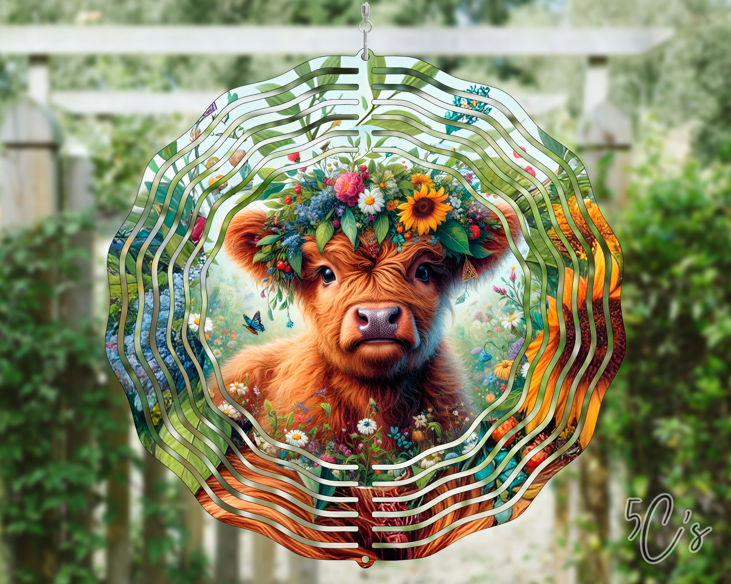 Floral Highland Cow Wind Spinner