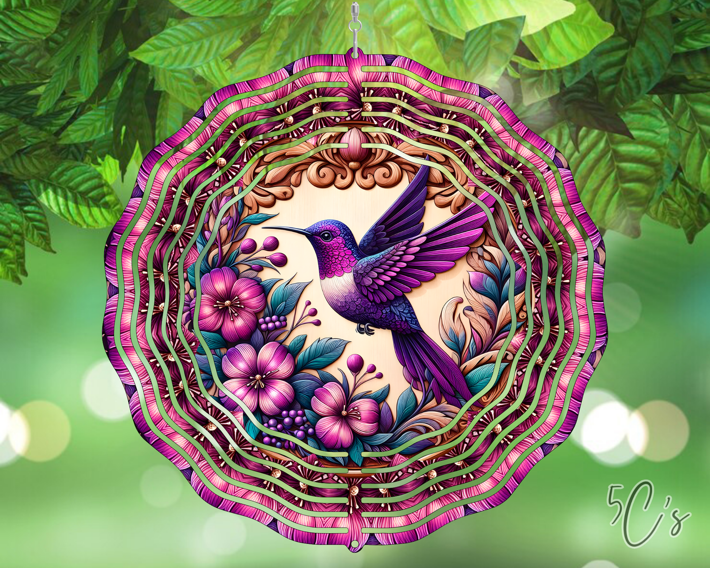 Purple Floral Hummingbird Wind Spinner