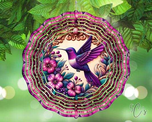 Purple Floral Hummingbird Wind Spinner