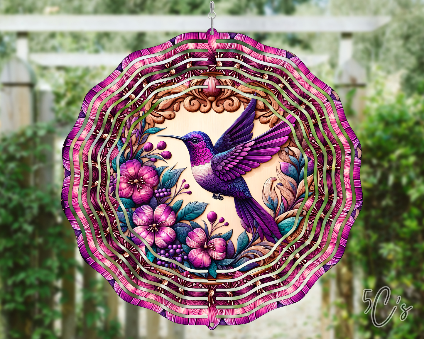 Purple Floral Hummingbird Wind Spinner