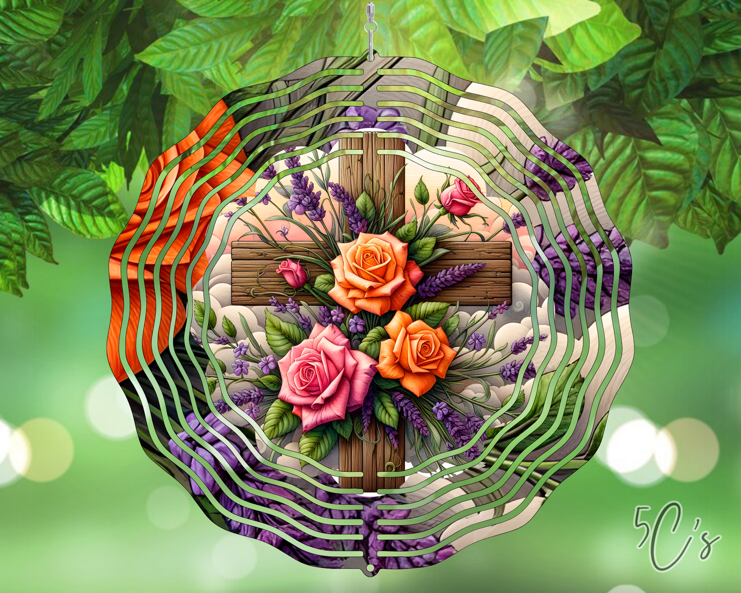 Floral Wood Cross Wind Spinner