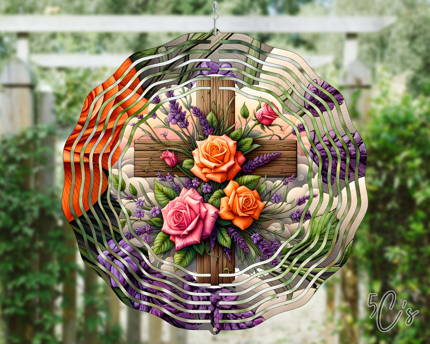 Floral Wood Cross Wind Spinner