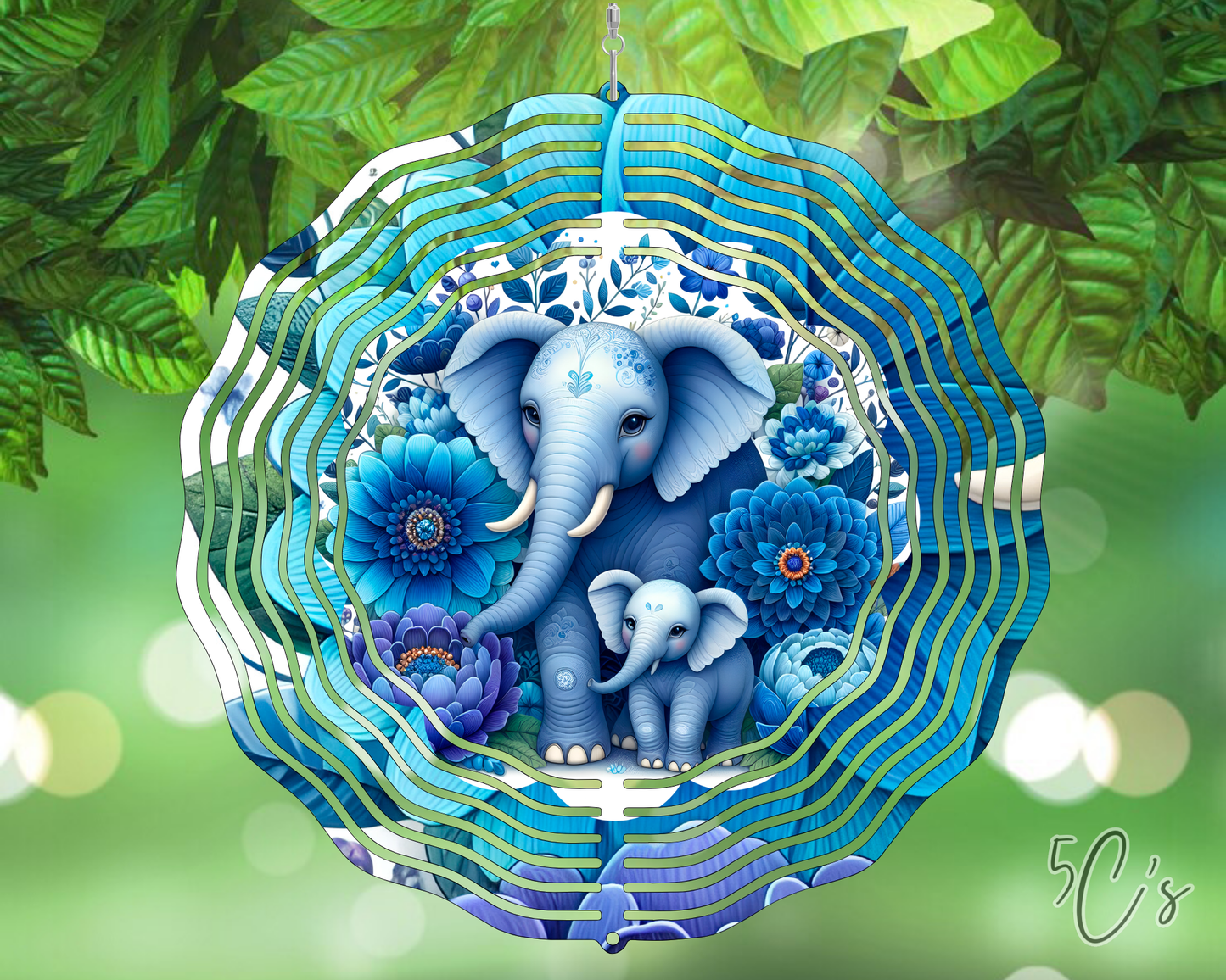 Blue Floral Elephant Wind Spinner