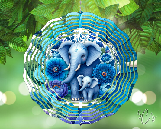 Blue Floral Elephant Wind Spinner