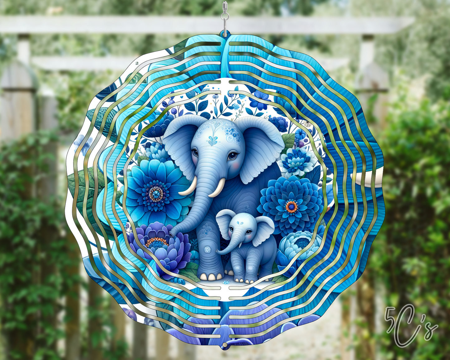 Blue Floral Elephant Wind Spinner