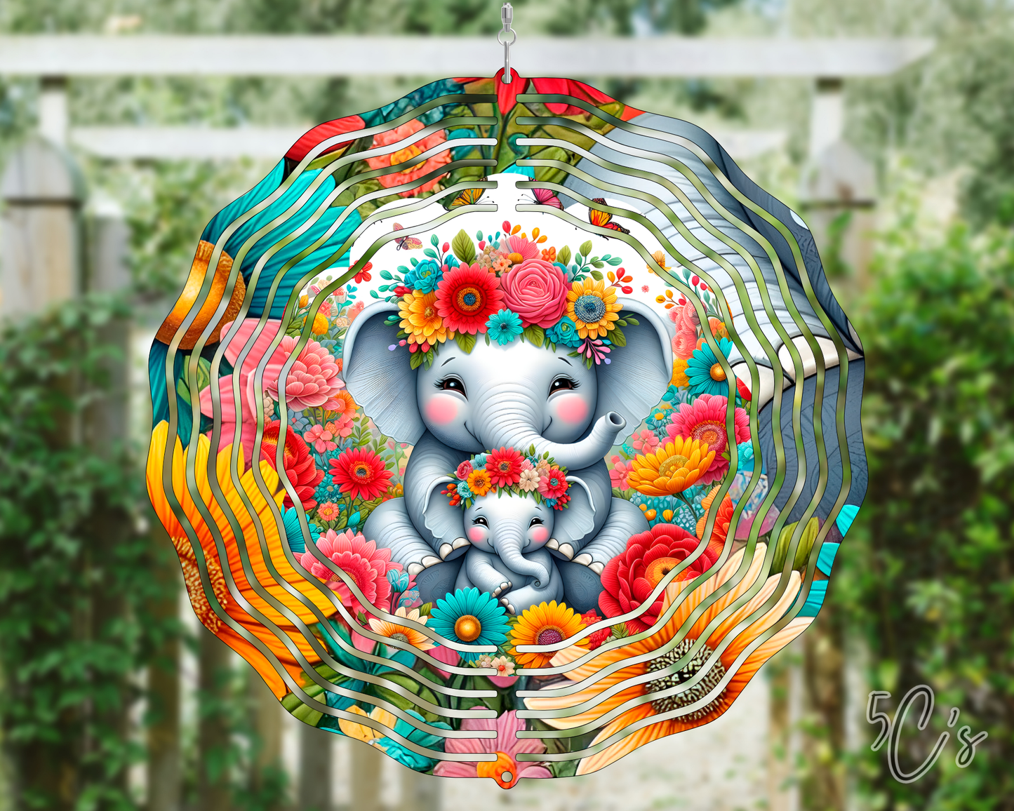 Colorful Floral Elephant Wind Spinner