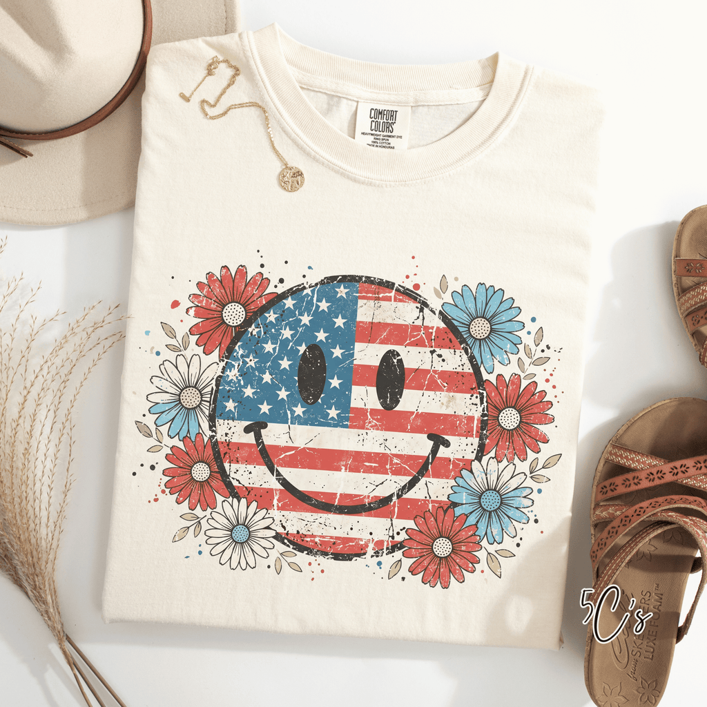 Floral American Flag Smiley Face Graphic Tee