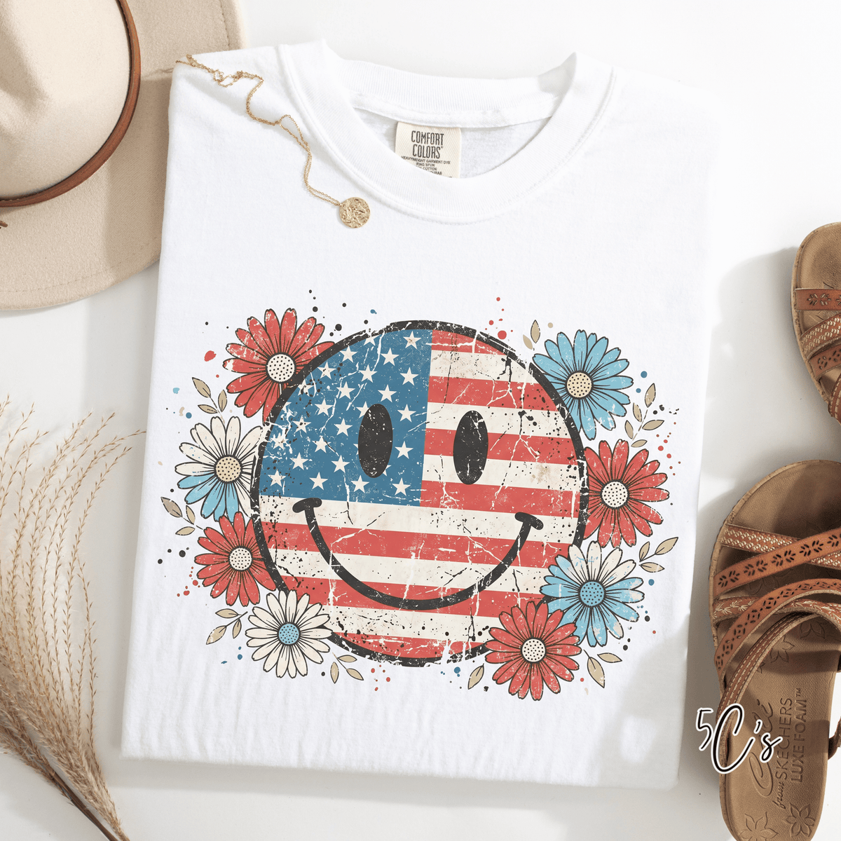 Floral American Flag Smiley Face Graphic Tee