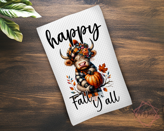 Happy Fall Y'all Highland Cow Dish Towel
