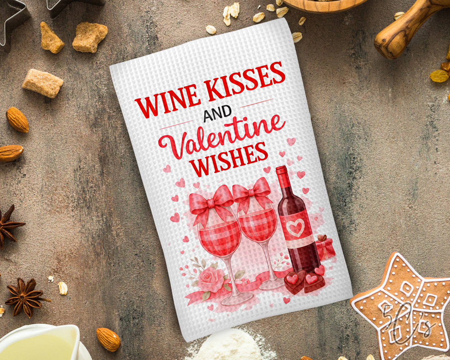 Wine Kisses & Valentine Wishes Dish Towel