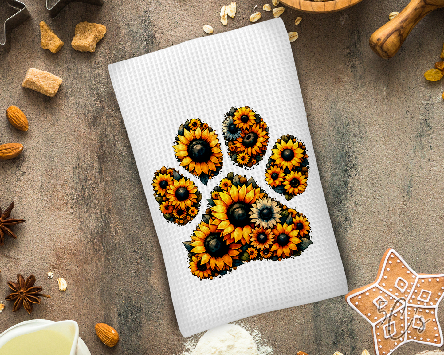 Sunflower Paw Print Dish Towel
