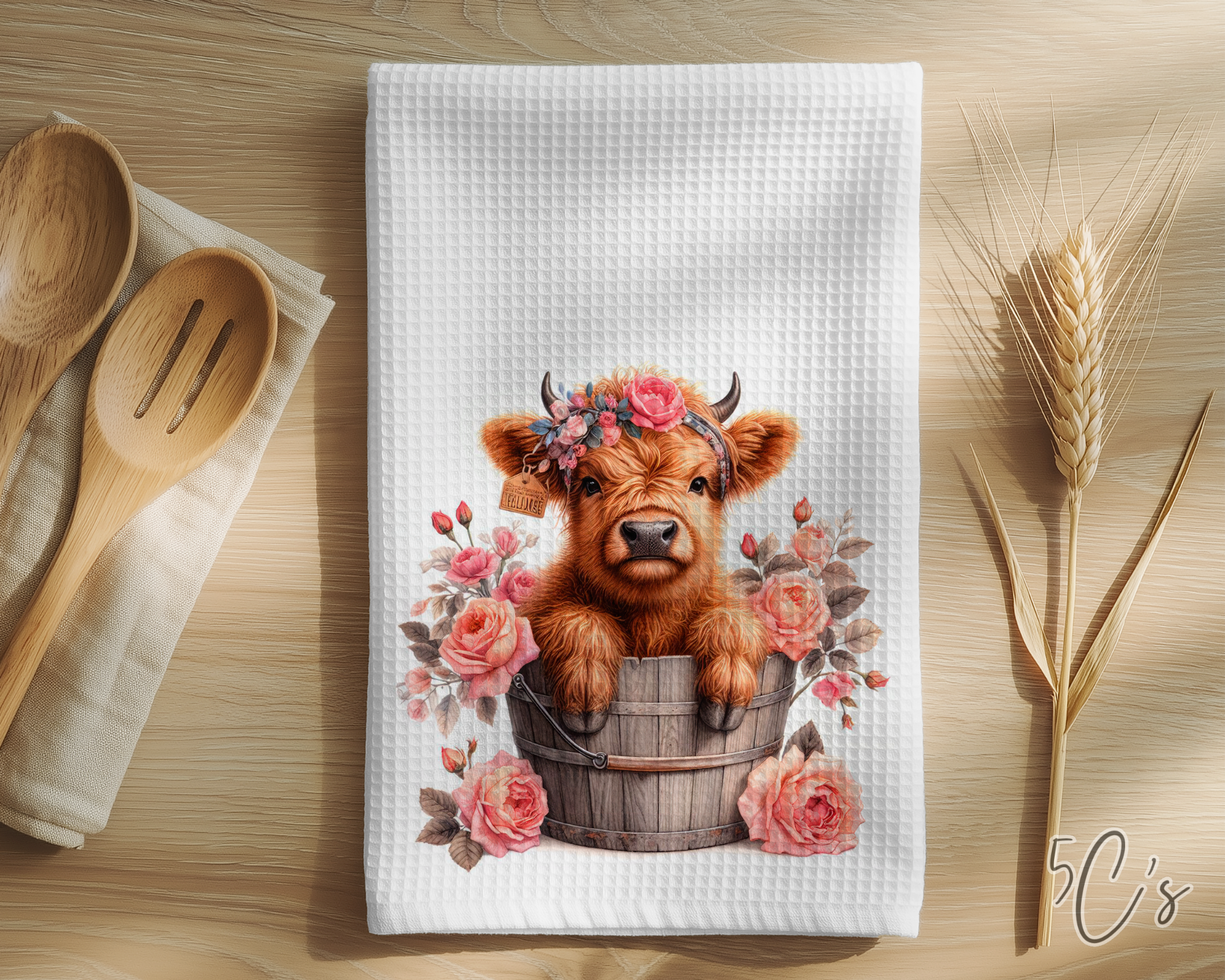Highland Cow Rose Bucket Dish Towel