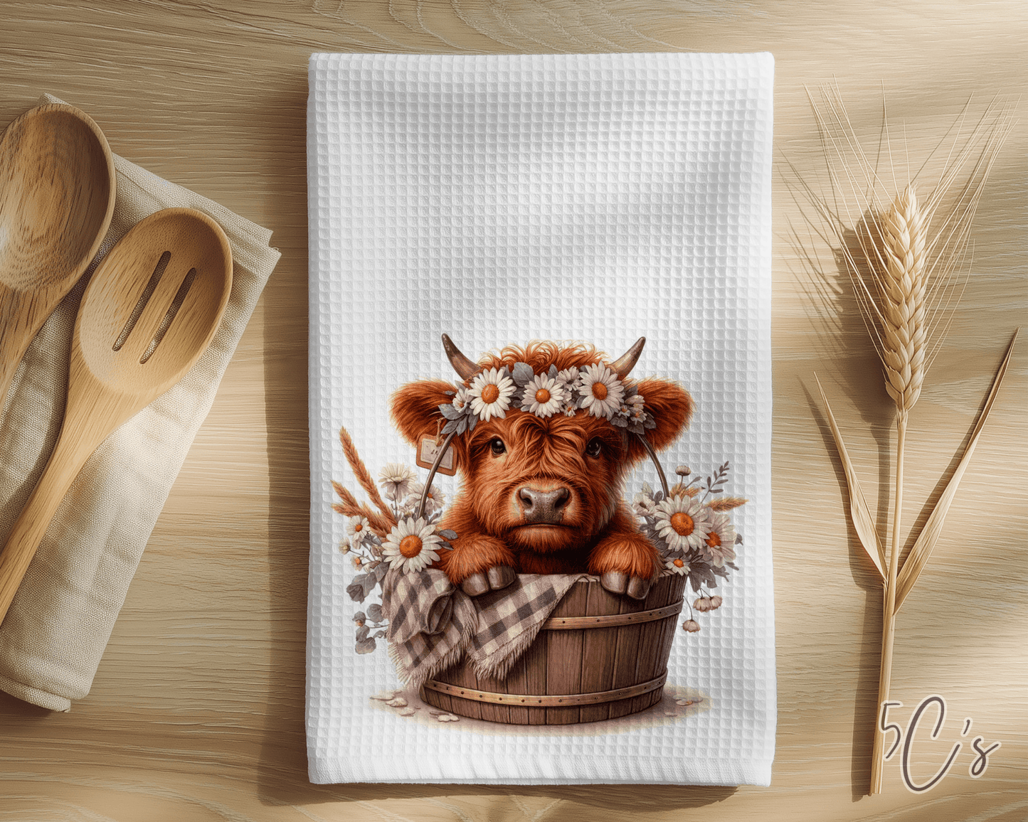 Highland Cow Daisy Bucket Dish Towel