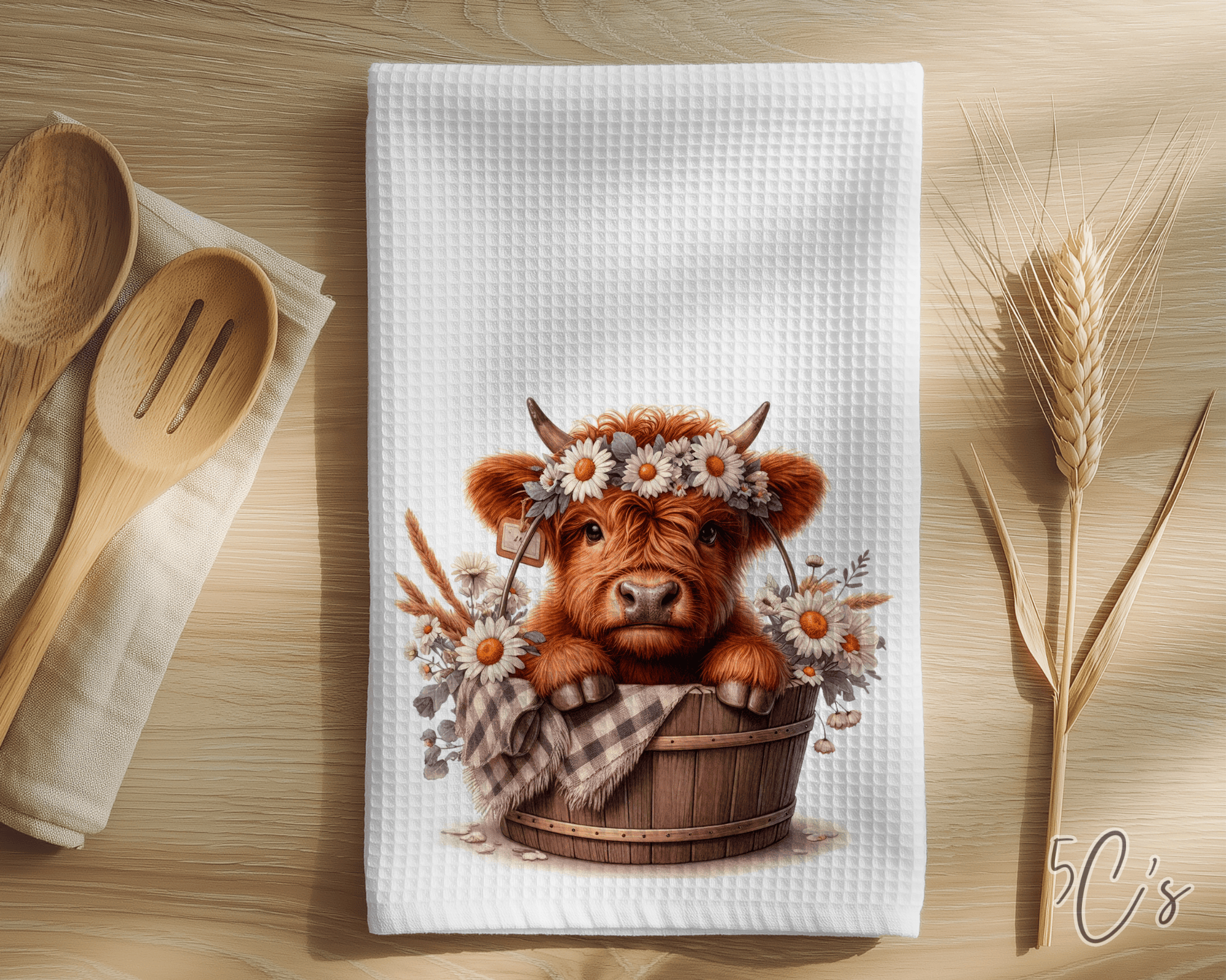 Highland Cow Daisy Bucket Dish Towel