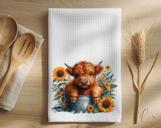 Highland Cow Sunflower Bucket Dish Towel
