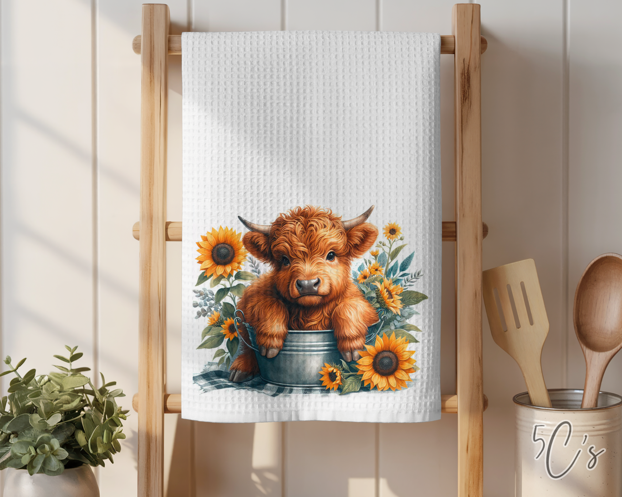 Highland Cow Sunflower Bucket Dish Towel