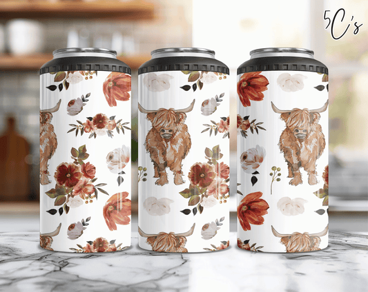 Highland Bull Floral Can Cooler