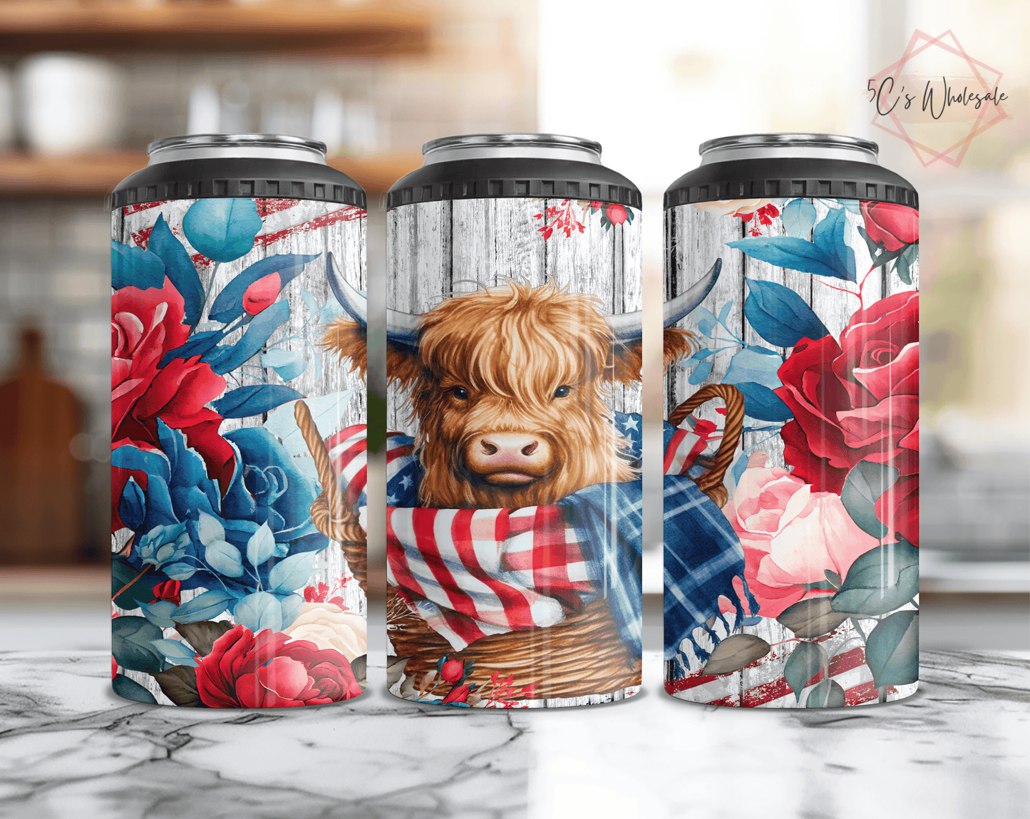 Patriotic Baby Highland Cow Can Cooler