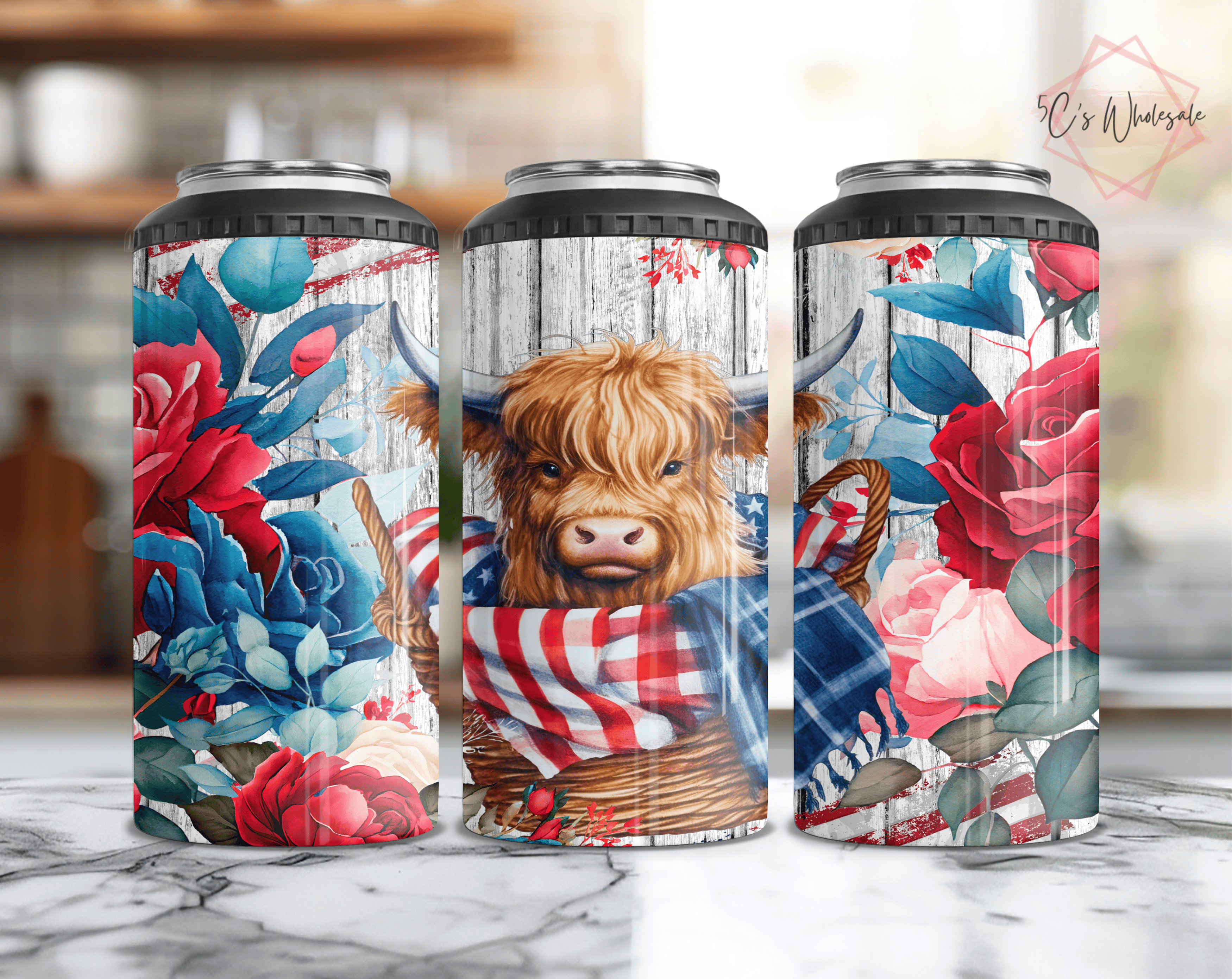 Patriotic Baby Highland Cow Can Cooler