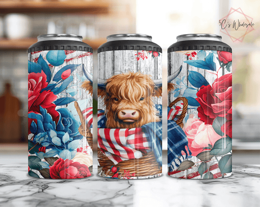 Patriotic Baby Highland Cow Can Cooler